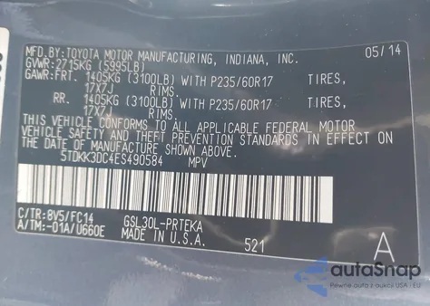 2014 Toyota Sienna Le V6 8 Passenger из США, поврежденный, VIN 5TDKK3DC4ES490584